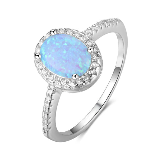 Cathedral Oval Blue Opal Zircon Soleste Halo Sterling Silver Ring