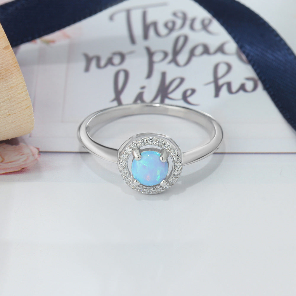 Round Blue Opal Zircon Soleste Halo Sterling Silver Ring