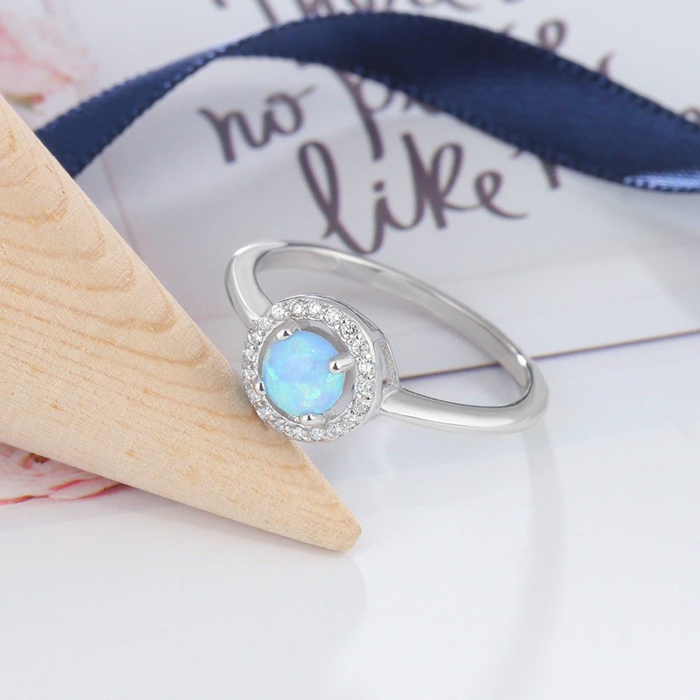 Round Blue Opal Zircon Soleste Halo Sterling Silver Ring