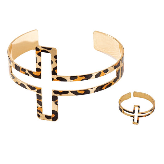 Leopard Print Metal Bracelet Ring Set for Stylish Women