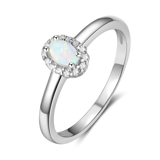 Oval Opal Zircon Soleste Halo Polished Sterling Silver Ring