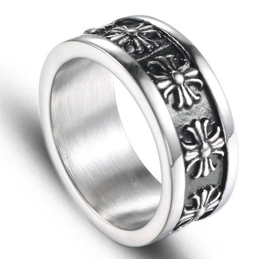 Punk Cross Flower Stainless Steel Ring - Unisex Retro Fashion Jewelry for Men and Women