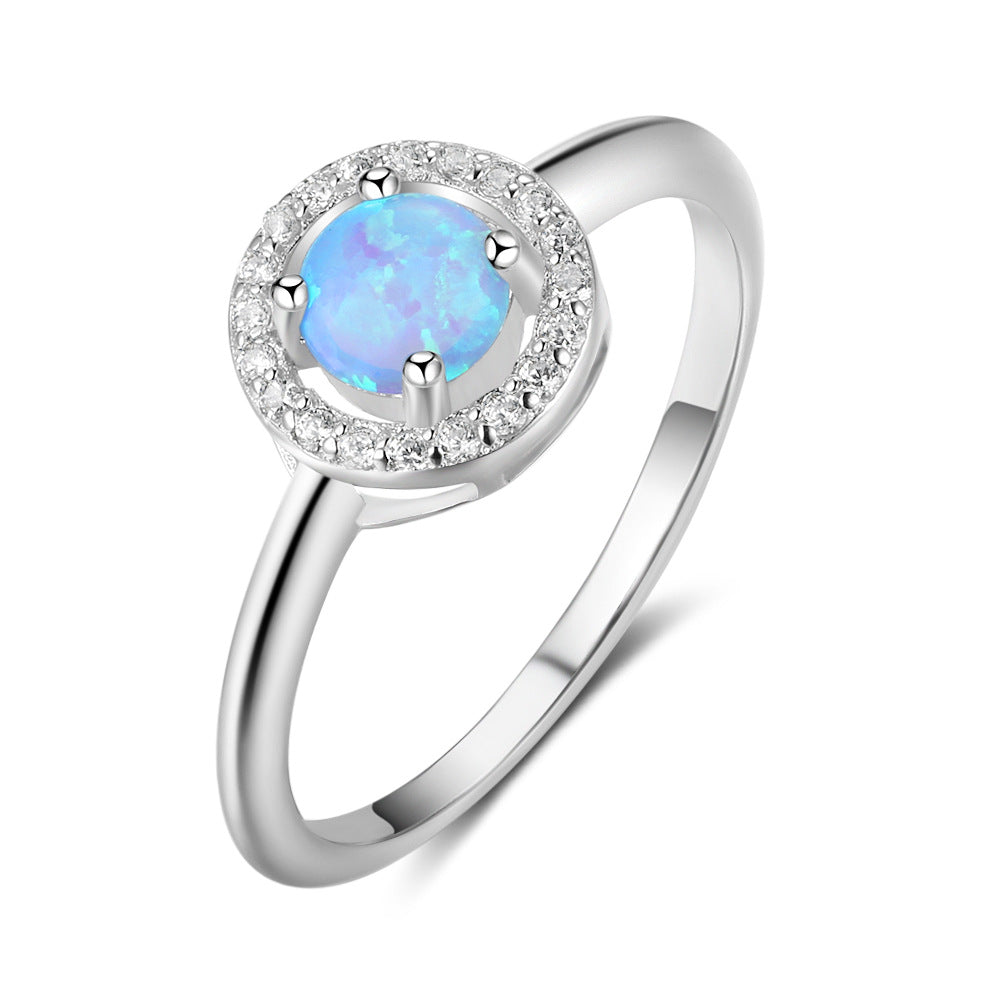 Round Blue Opal Zircon Soleste Halo Sterling Silver Ring