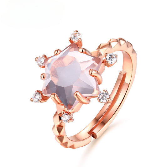 Snowflake Pink Crystal Opening Silver Ring
