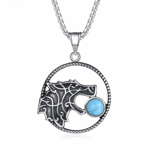 Turquoise Necklace - Statement Norse Wolf Moon Pendant