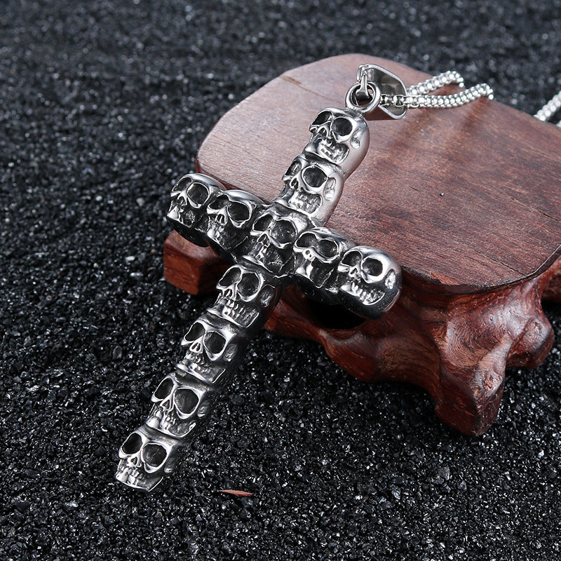 Retro Stainless Steel Skull Cross Pendant for Men - European and American Punk Style
