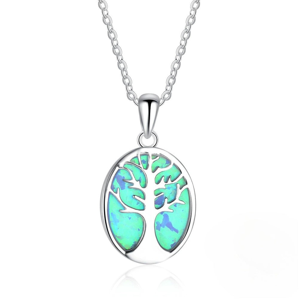 Planderful Jewelry Tree of Life Opal Pendant Necklace in Sterling Silver S925 Blue Oval