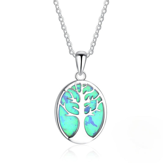 Planderful Jewelry Tree of Life Opal Pendant Necklace in Sterling Silver S925 Blue Oval