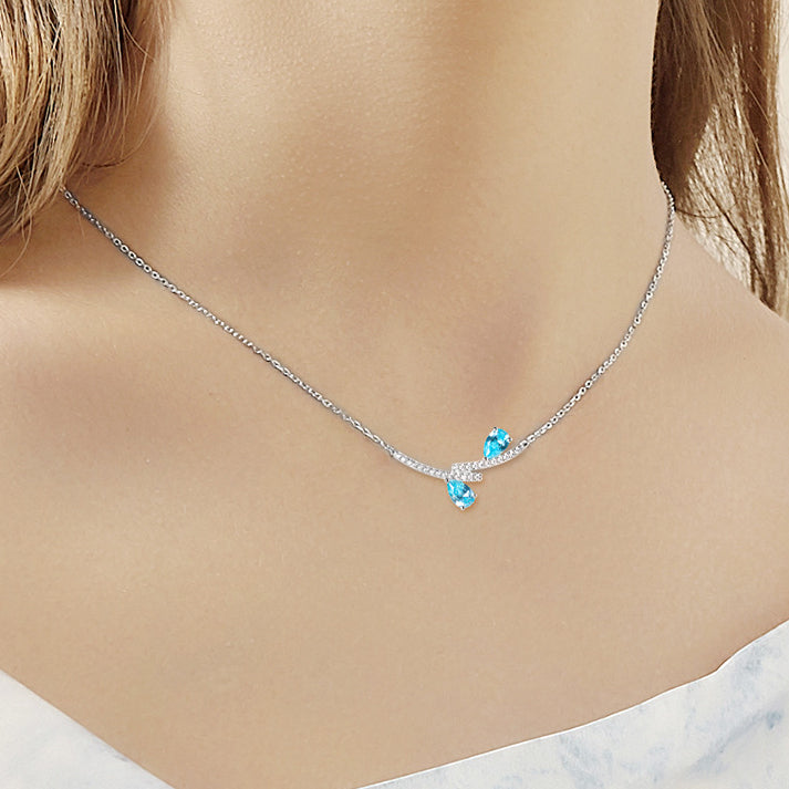 Double Pear Shape Sea Blue Zircon Two Lines Pendant Sterling Silver Necklace