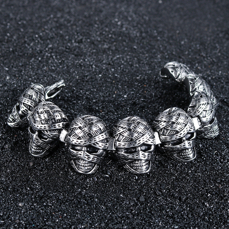 Punk-Inspired Titan Steel Skull Bracelet with Retro Mummy Ghost Design for Men