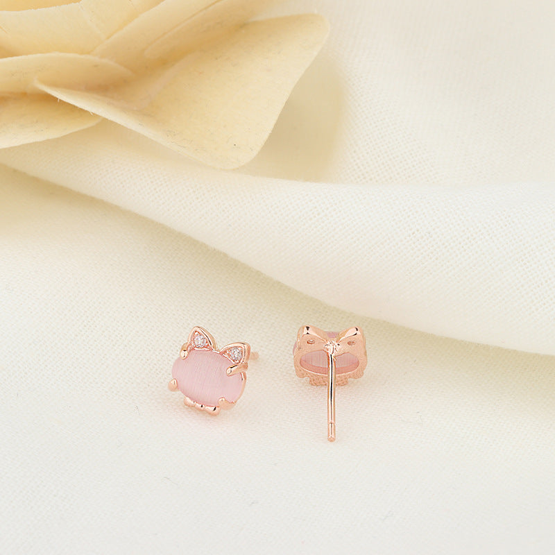 Rose Gold Sterling Silver Kitten Earrings with Crystal Hibiscus Stone