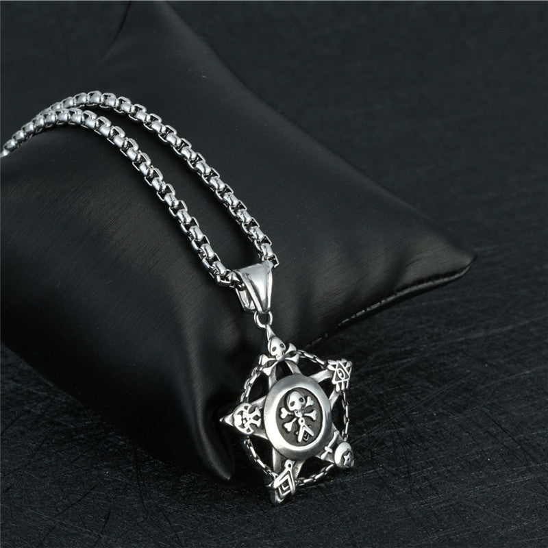 Men's Retro Rock Titanium Steel Skull Pendant Necklace with Pentagram Design