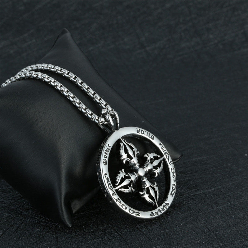 Cross-Border Vintage Titanium Steel Round Pendant for Trendy Men - Personalized Stainless Steel Cross Pestle Design