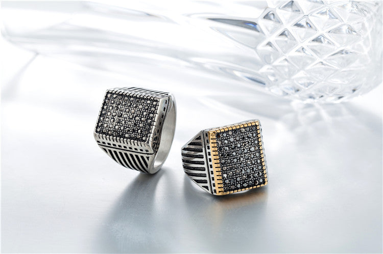 Exclusive Square Zircon Inlaid Black Titanium Steel Men's Ring