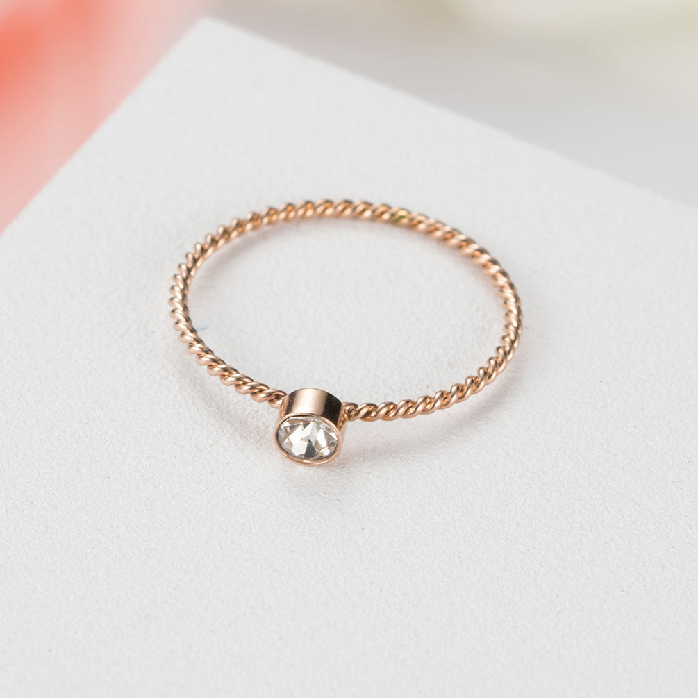 Rose Gold Zircon Twist Ring – Stainless Steel Women's