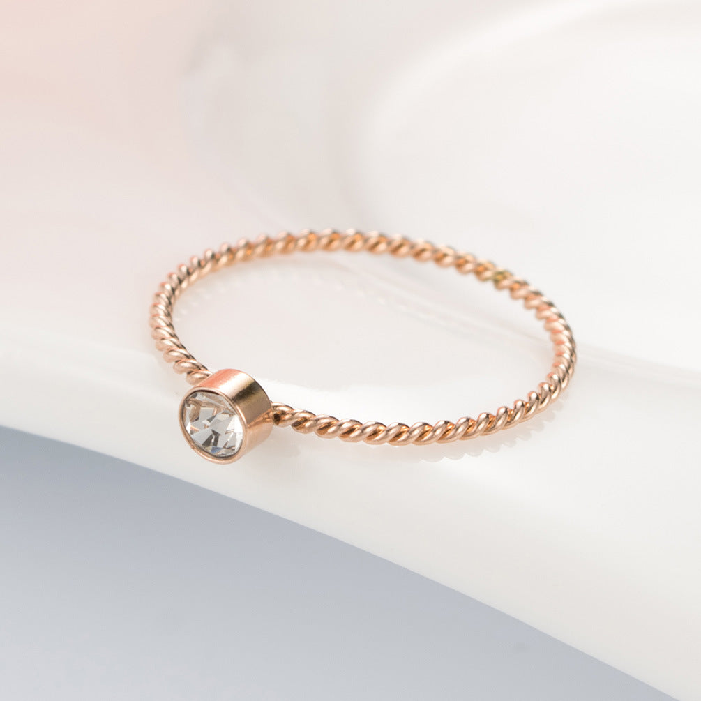 Rose Gold Zircon Twist Ring – Stainless Steel Women's