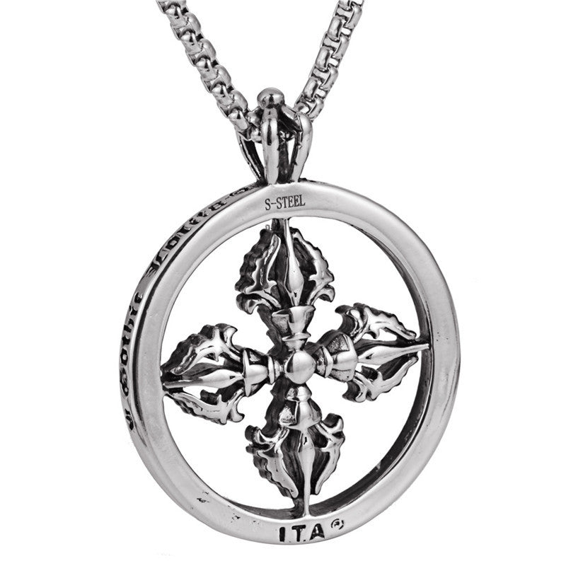 Cross-Border Vintage Titanium Steel Round Pendant for Trendy Men - Personalized Stainless Steel Cross Pestle Design