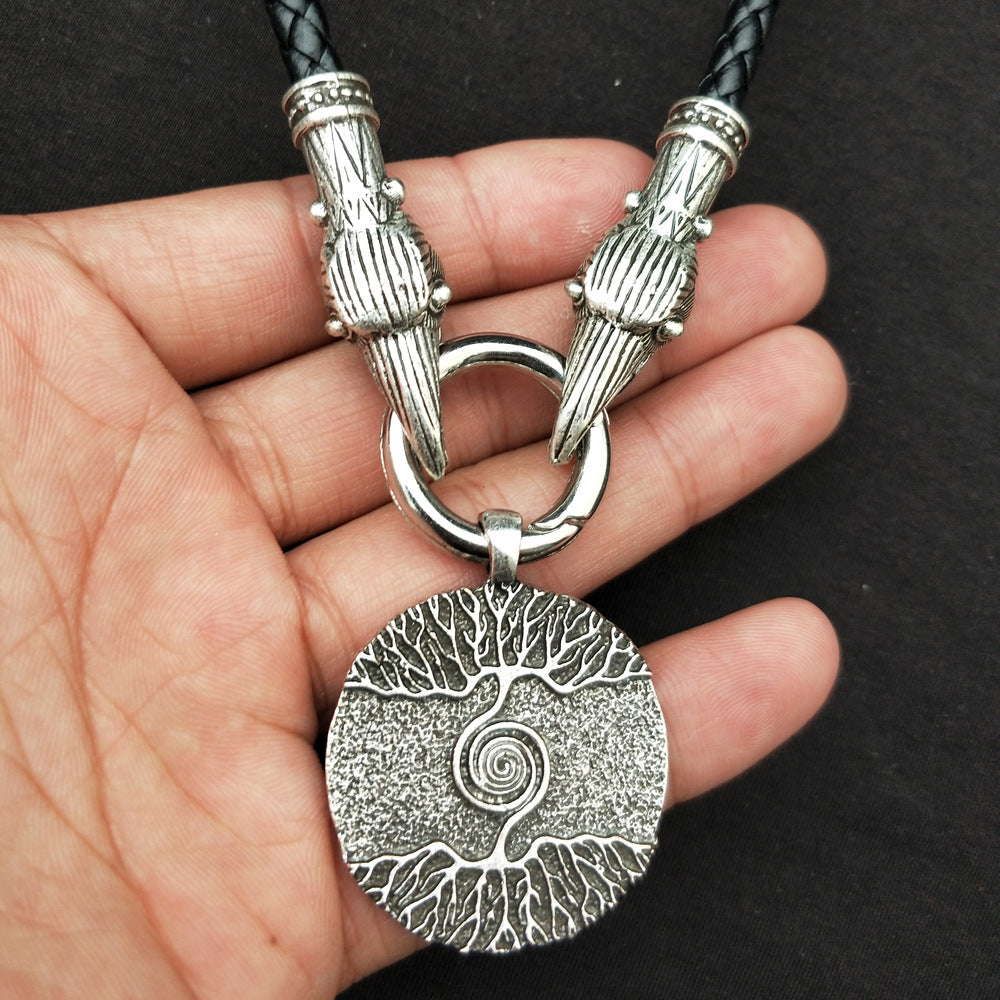 Nordic Mythical World Tree Necklace with Wolf Head Totem Pendant for Men