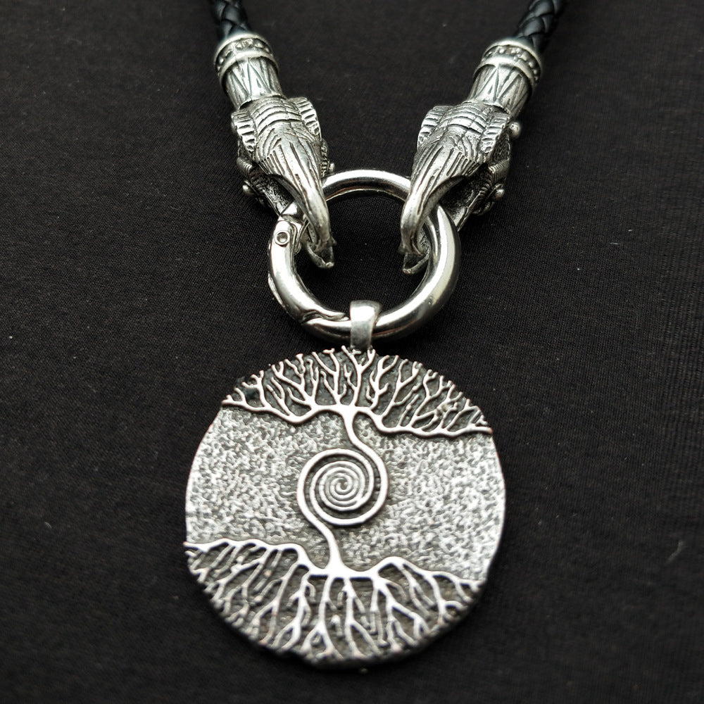 Nordic Mythical World Tree Necklace with Wolf Head Totem Pendant for Men