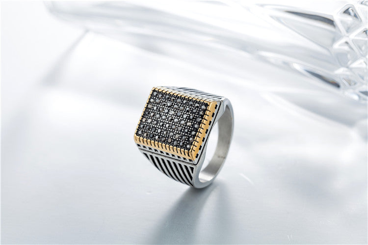 Exclusive Square Zircon Inlaid Black Titanium Steel Men's Ring