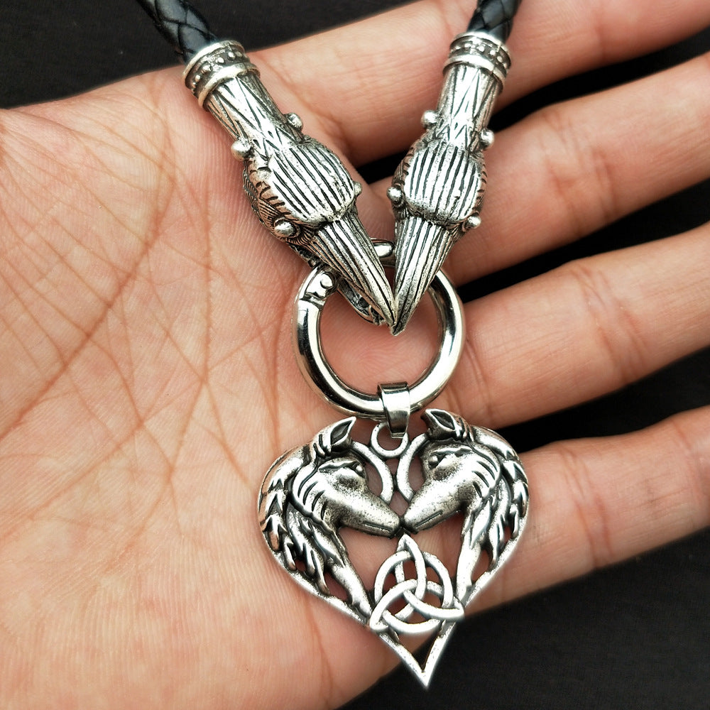 Celtic Elf Wolf Necklace with Heart-Shaped Metal Pendant - Norse Legacy