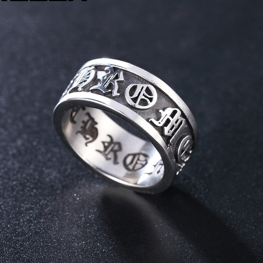 Relief Gothic Text Grooved Titanium Steel Ring for Men