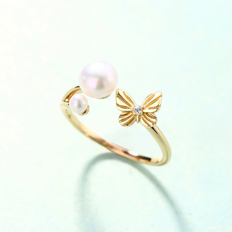 Round Freshwater Pearl Butterfly Zircon Opeinng Sterling Silver Ring