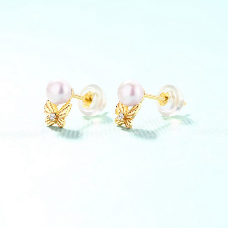 Round Freshwater Pearl Butterfly Zircon Sterling Silver Stud Earrings