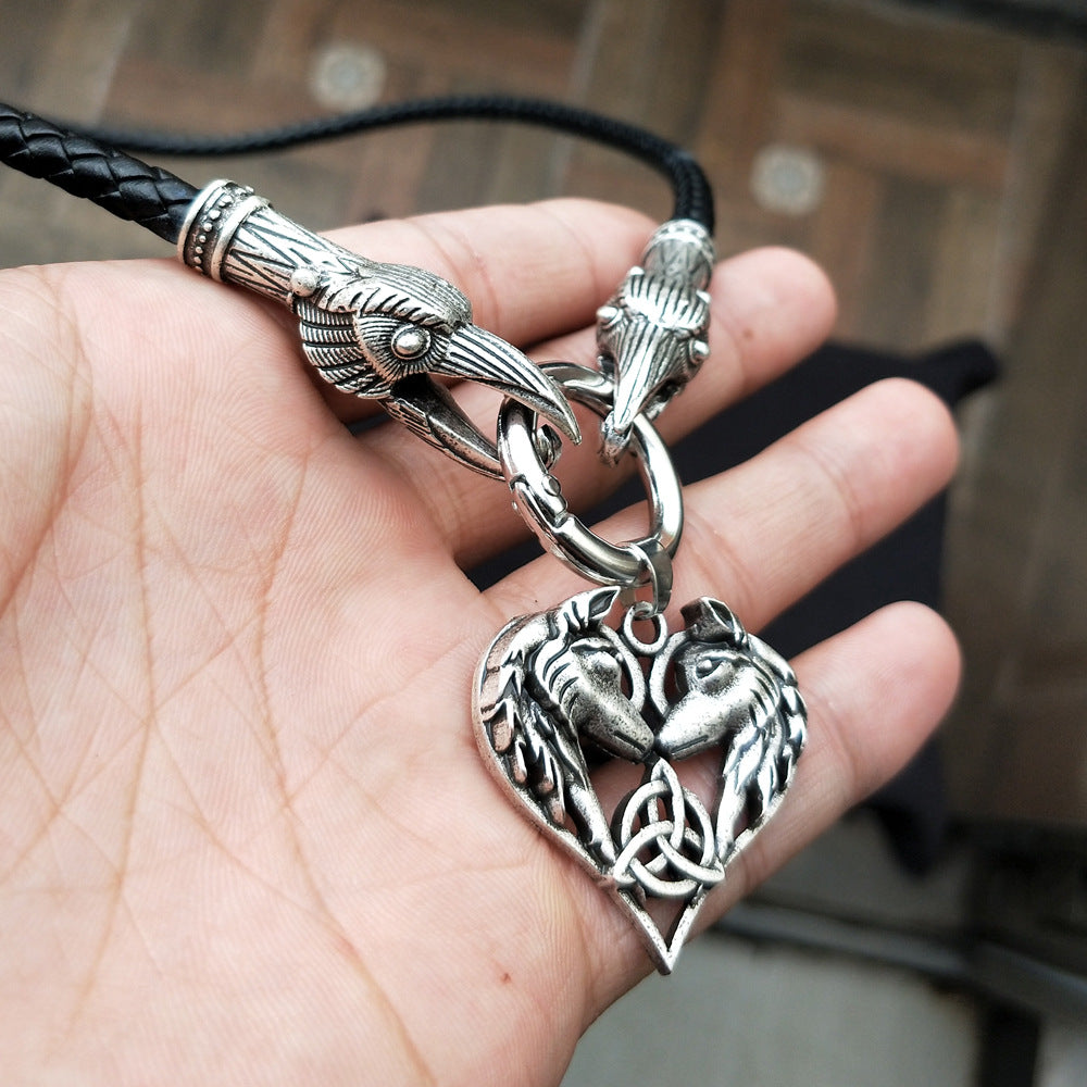 Celtic Elf Wolf Necklace with Heart-Shaped Metal Pendant - Norse Legacy