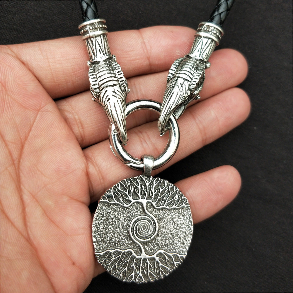Nordic Mythical World Tree Necklace with Wolf Head Totem Pendant for Men