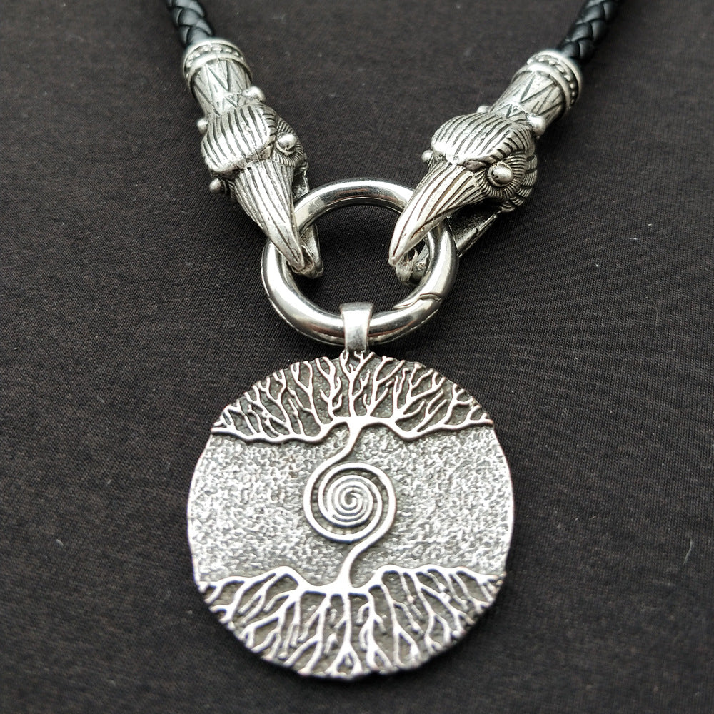 Nordic Mythical World Tree Necklace with Wolf Head Totem Pendant for Men