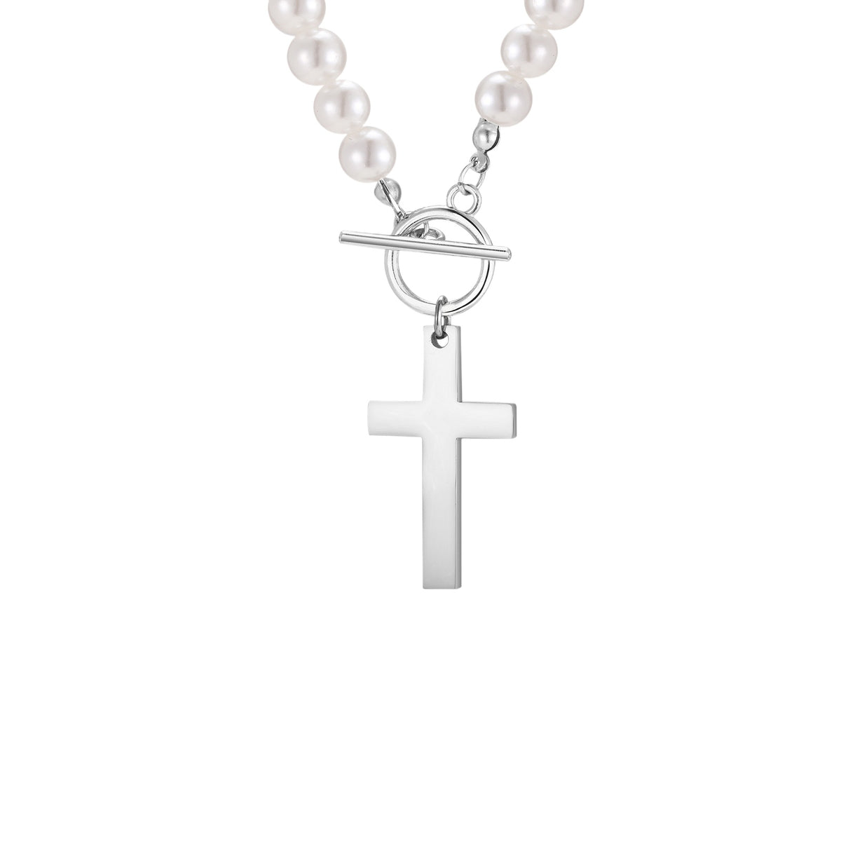 Stainless Steel Kusa Casual Cross Pendant Imitation Pearl Necklace Steel Color