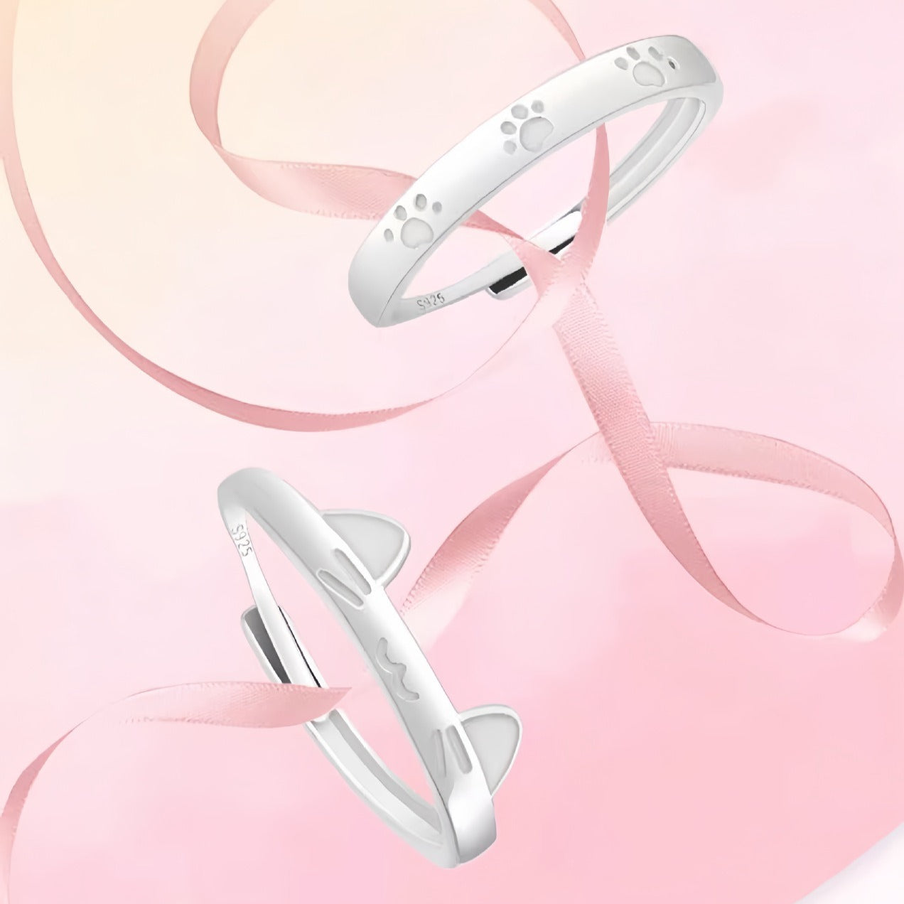 Planderful 925 Sterling Silver Cat Couple Ring Unisex Adjustable Open Luminous Cartoon Design