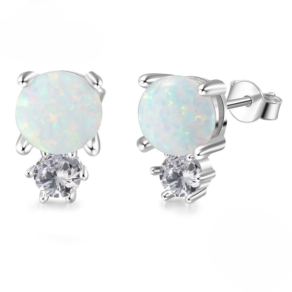 Planderful Jewelry Opal Stud Earrings Sterling Silver With Zircon Accents Elegant Light Luxury