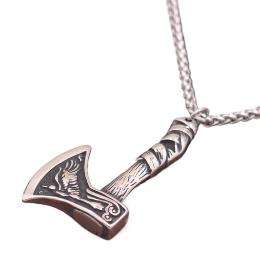 Viking Odin Axe Stainless Steel Pendant Necklace with Norse Crow Amulet