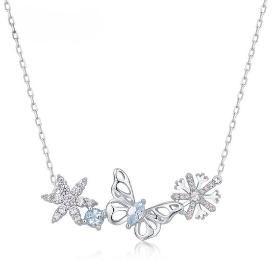 Hollow Butterfly Zircon Snowflake Sterling Silver Necklace