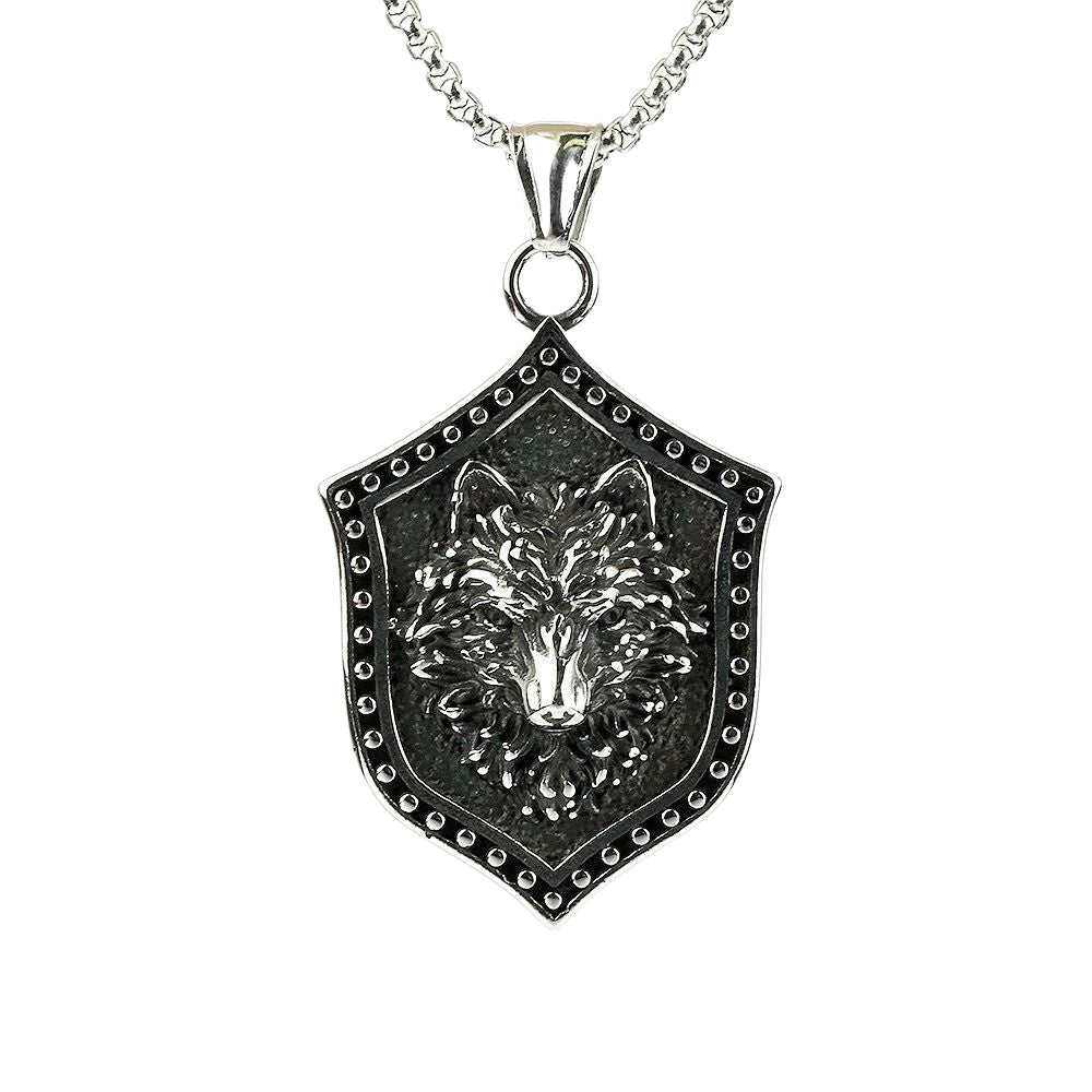 Hanging Shield Design Sense Necklace Men's Hip Hop Titanium Steel Necklace Nightclub Retro Wolf Head Pendant