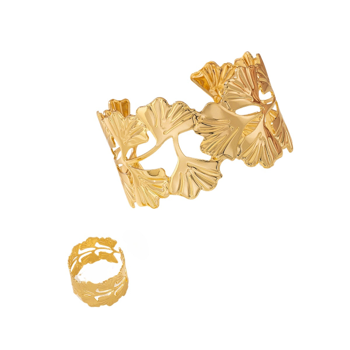 Ginkgo Biloba Women's Jewelry Set Adjustable Metal Rings