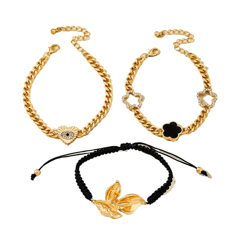 Planderful Vienna Verve Bracelet Set – Fashionable Metal Leaves with Zircon-Encrusted Clover