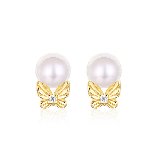 Round Freshwater Pearl Butterfly Zircon Sterling Silver Stud Earrings