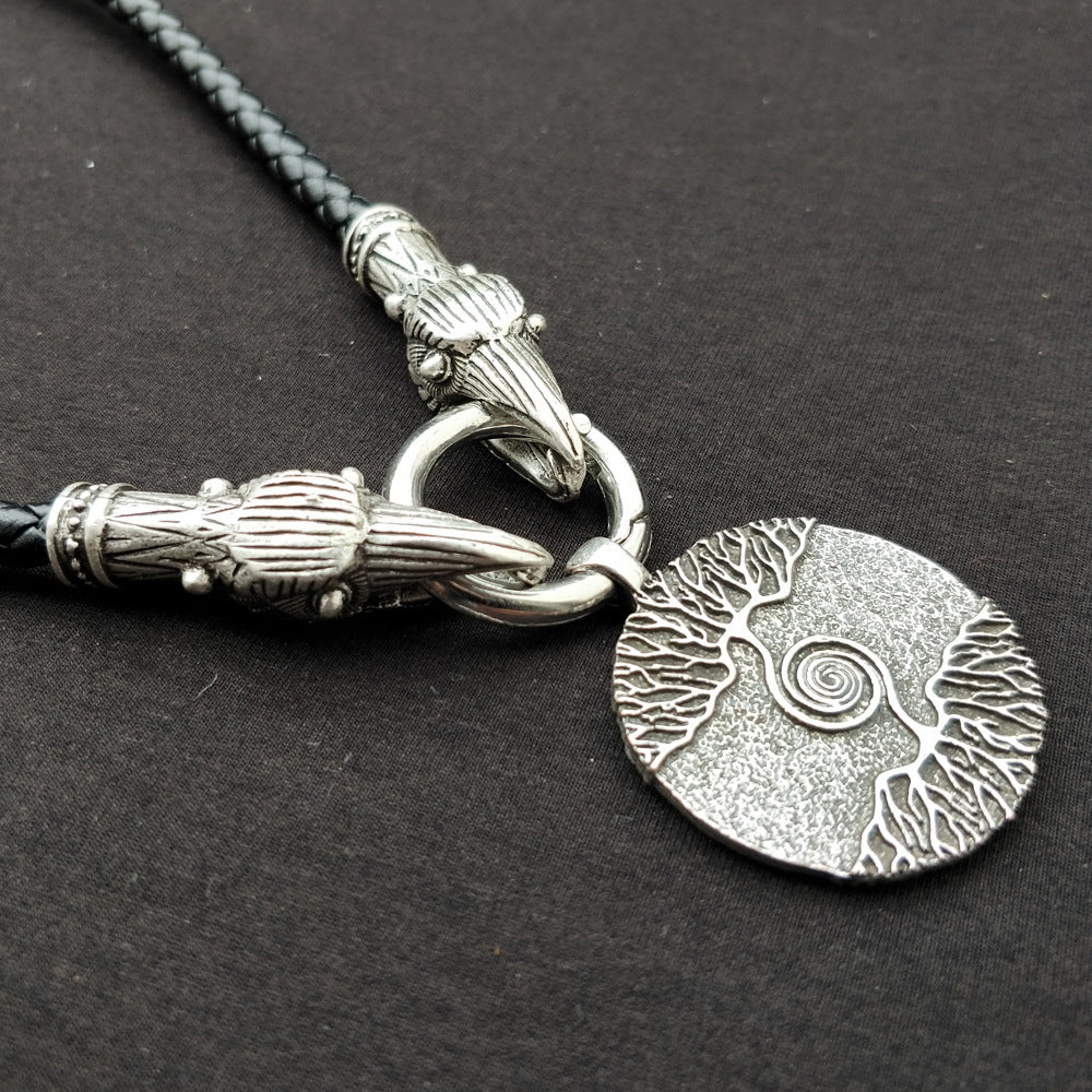 Nordic Mythical World Tree Necklace with Wolf Head Totem Pendant for Men