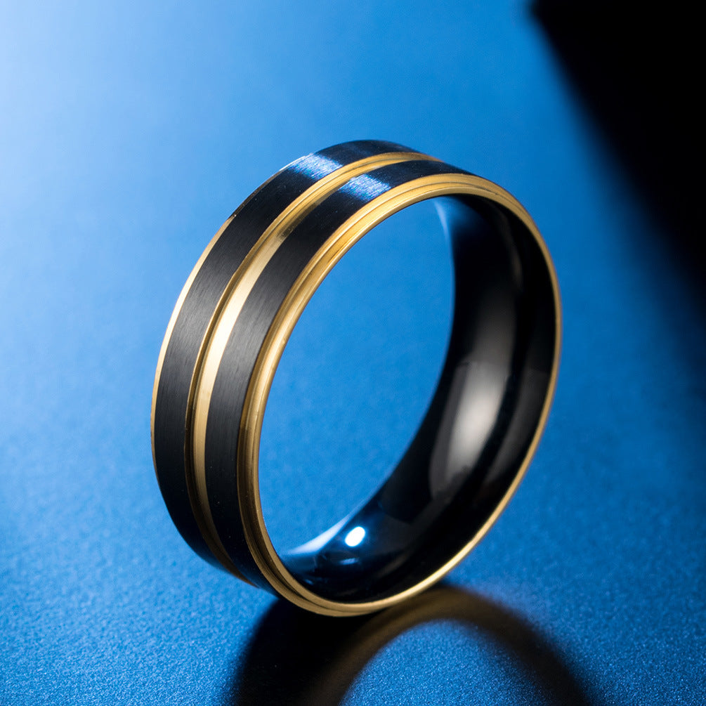 Titanium Steel Men's Ring Lasha Groove Black Gold Trend