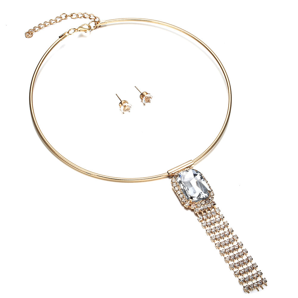 European and American Cross-Border Tassel Crystal Diamond Necklace Set
