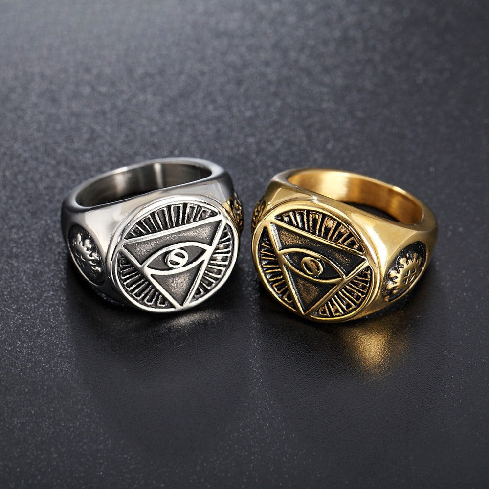 Freemasonry Triangle Eye Ring Unisex Titanium Steel Protection Symbol Planderful For Men And Women