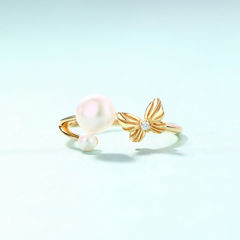 Round Freshwater Pearl Butterfly Zircon Opeinng Sterling Silver Ring