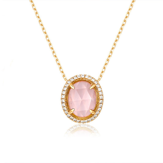 Soleste Halo Oval Shape Pink Crystal Silver Necklace