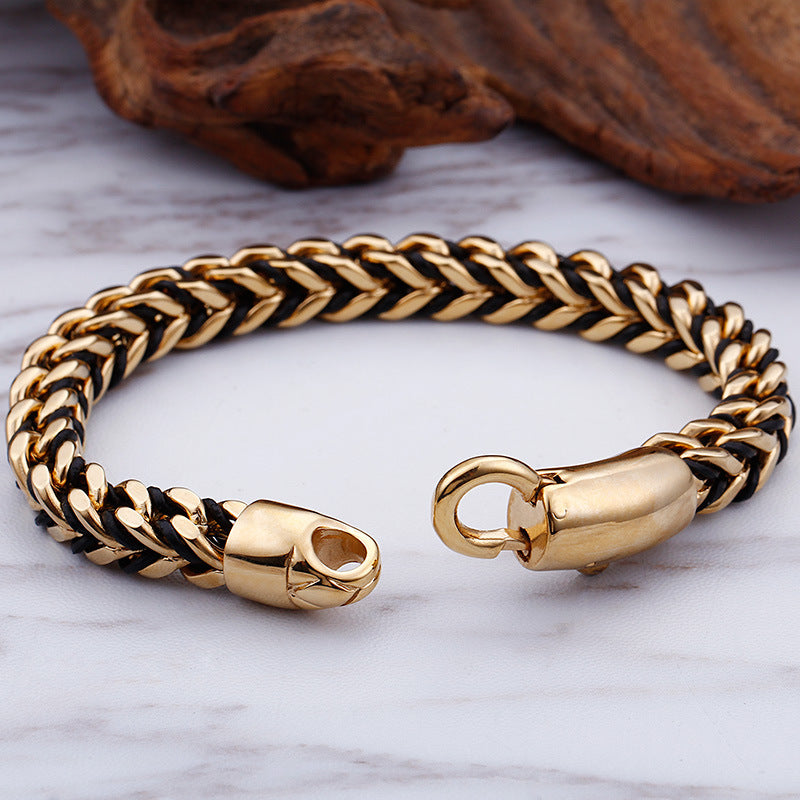 Trendy Retro Leather Braided Titanium Steel Bracelet for Men - 18K Gold Stainless Steel, Direct from Factory