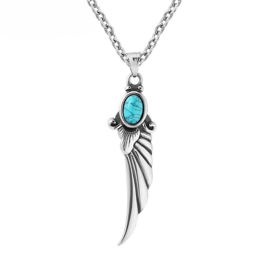 Planderful Retro Turquoise Feathered Wings Pendant Necklace Titanium Steel Unisex Protection Statement
