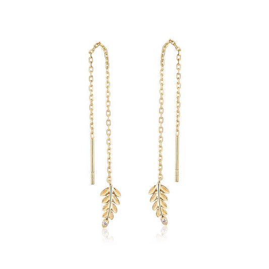 Olive Leaf Zircon Long Tassel Sterling Silver Ear Line Earrings