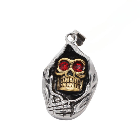 Halloween Red Zircon Golden Skull Wizard Titanium Steel Pendant for Men